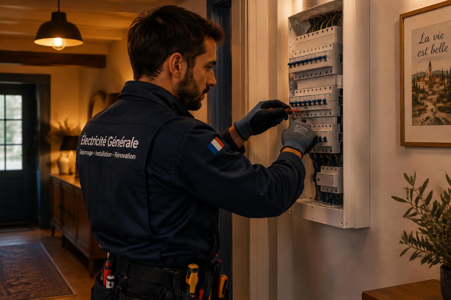 Électricien Cyril Thevenon de Cyril'Elec intervient sur un tableau électrique près de Saint-Germain-Laval